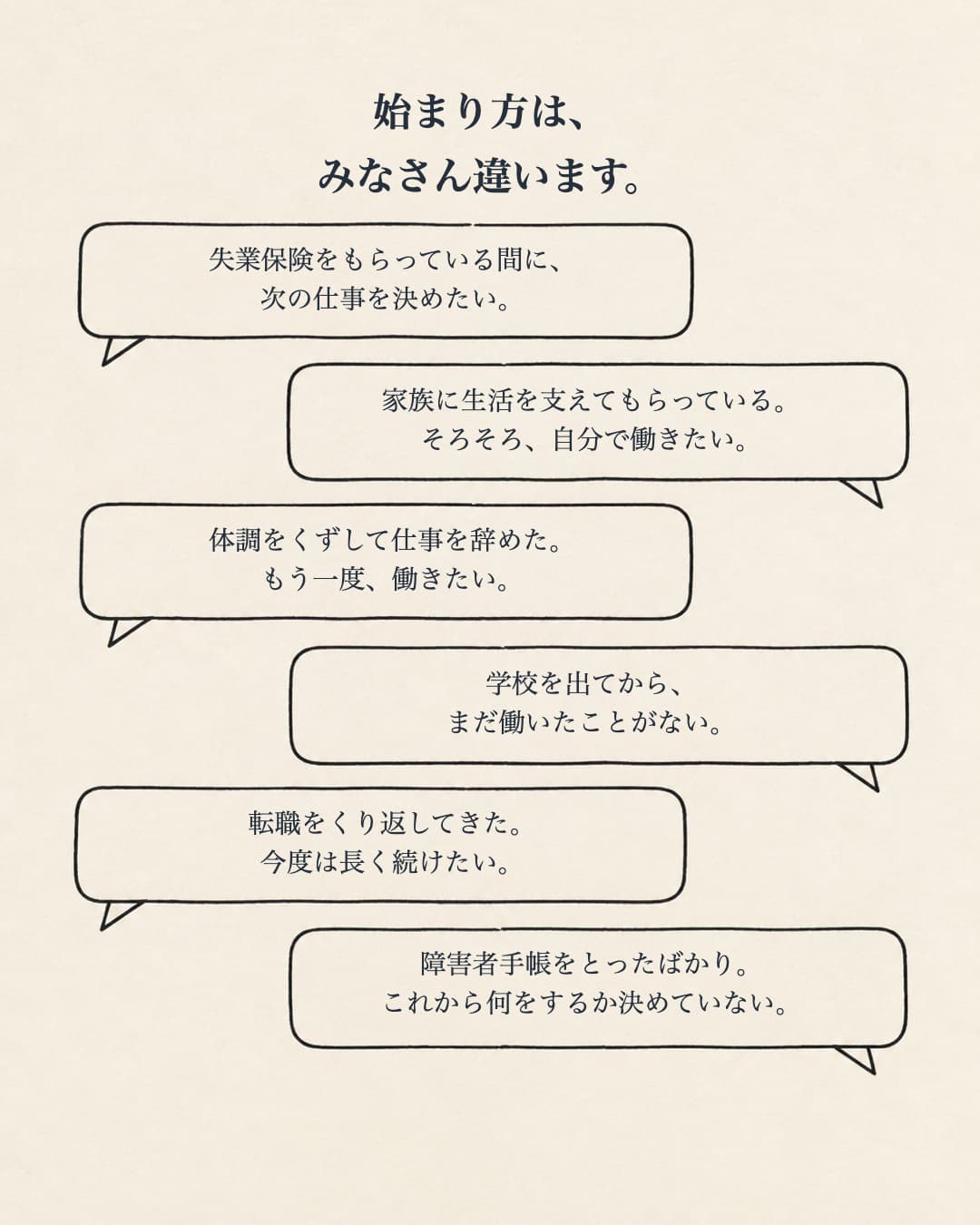 14/始まり方は、みなさん違います。失業保険、家族の支え、体調をくずして退職など