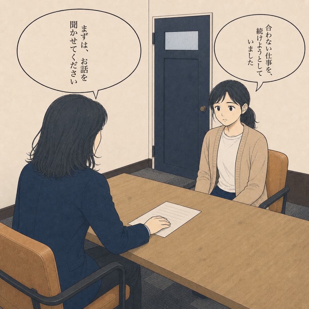 8/面談室で加藤さんと向かい合う。前の仕事は続けられませんでした